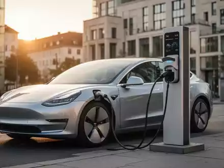 Modernes Elektroauto an einer öffentlichen Ladestation in einer deutschen Stadt bei Sonnenuntergang. - Foto: über boerse-global.de