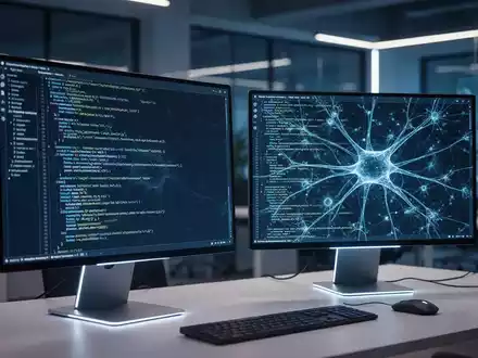 Zwei Monitore mit komplexem Programmcode und neuronalen Netzwerken in einem modernen, professionell beleuchteten Büro. - Foto: über boerse-global.de