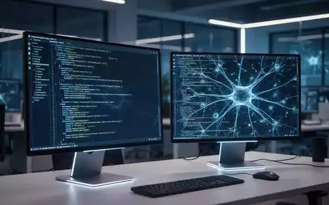 Zwei Monitore mit komplexem Programmcode und neuronalen Netzwerken in einem modernen, professionell beleuchteten Büro. - Foto: über boerse-global.de