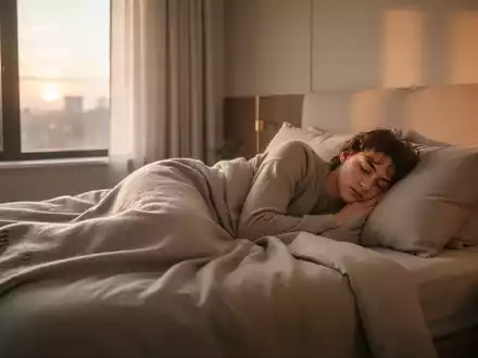 Ein junger Mensch schläft friedlich in einem hellen, modern eingerichteten Schlafzimmer im sanften Morgenlicht. - Foto: über boerse-global.de