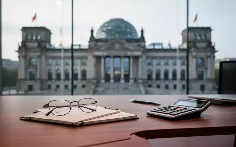 Ein Schreibtisch mit Brille und Taschenrechner vor einem unscharfen Hintergrund des Reichstagsgebäudes. - Foto: über boerse-global.de