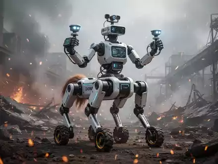 Ein zentaurartiger Rettungsroboter mit vierbeiniger Basis und menschlichem Oberkörper in einer industriellen Katastrophenzone. - Foto: über boerse-global.de