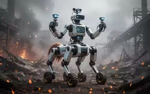 Ein zentaurartiger Rettungsroboter mit vierbeiniger Basis und menschlichem Oberkörper in einer industriellen Katastrophenzone. - Foto: über boerse-global.de