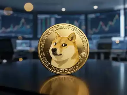 Ein goldener Dogecoin-Token auf einer glänzenden, dunklen Oberfläche vor einem verschwommenen Finanzhintergrund. - Foto: über boerse-global.de