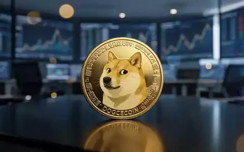 Ein goldener Dogecoin-Token auf einer glänzenden, dunklen Oberfläche vor einem verschwommenen Finanzhintergrund. - Foto: über boerse-global.de