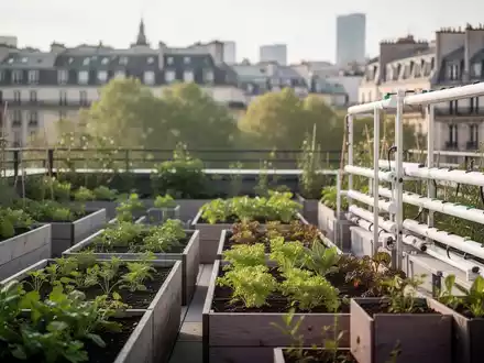 Moderne Dachfarm mit Hochbeeten und hydroponischen Systemen in einer städtischen Umgebung. - Foto: über boerse-global.de
