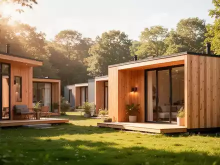 Modernes Tiny-House-Dorf in einer sonnigen, grünen Landschaft mit minimalistischen Holzhäusern. - Foto: über boerse-global.de
