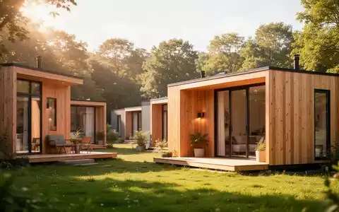 Modernes Tiny-House-Dorf in einer sonnigen, grünen Landschaft mit minimalistischen Holzhäusern. - Foto: über boerse-global.de