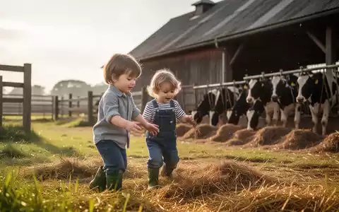 Kind spielt in einer sonnendurchfluteten, ländlichen Bauernhofumgebung. - Foto: über boerse-global.de