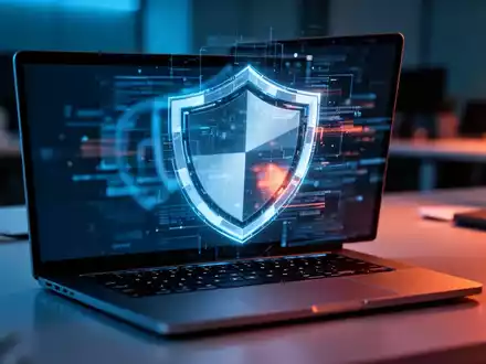 Ein beleuchteter Laptop in einer modernen Büroumgebung, der ein abstraktes digitales Sicherheitsschild symbolisiert. - Foto: über boerse-global.de