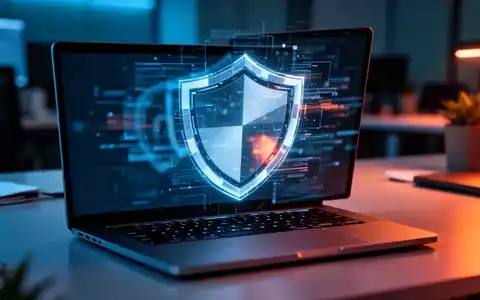 Ein beleuchteter Laptop in einer modernen Büroumgebung, der ein abstraktes digitales Sicherheitsschild symbolisiert. - Foto: über boerse-global.de