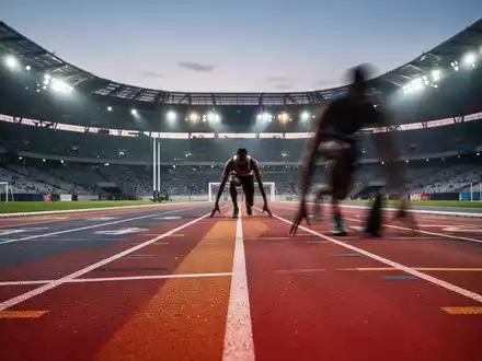 Nahaufnahme einer modernen Leichtathletik-Bahn in einem beleuchteten Stadion bei Dämmerung. - Foto: über boerse-global.de