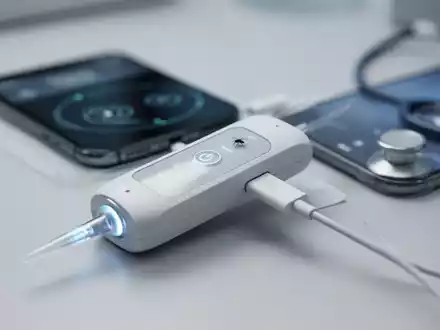 Ein kompaktes elektronisches Gerät zur Behandlung von Insektenstichen, das an ein Smartphone angeschlossen ist. - Foto: über boerse-global.de