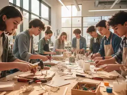 Junge Menschen arbeiten gemeinsam in einer hellen Werkstatt an einem kreativen Projekt. - Foto: über boerse-global.de