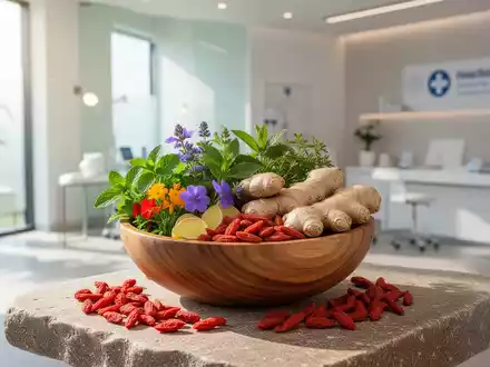 Eine Schale mit frischen Kräutern, Ingwer und Goji-Beeren auf einer hellen Steinplatte in einem modernen Behandlungsraum. - Foto: über boerse-global.de