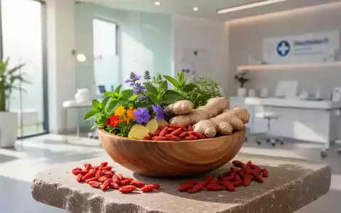Eine Schale mit frischen Kräutern, Ingwer und Goji-Beeren auf einer hellen Steinplatte in einem modernen Behandlungsraum. - Foto: über boerse-global.de