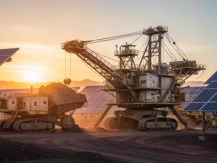 Industrielle Bergbauanlage und Solarpaneele im goldenen Licht des Sonnenaufgangs - Foto: über boerse-global.de