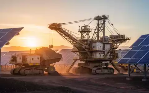 Industrielle Bergbauanlage und Solarpaneele im goldenen Licht des Sonnenaufgangs - Foto: über boerse-global.de