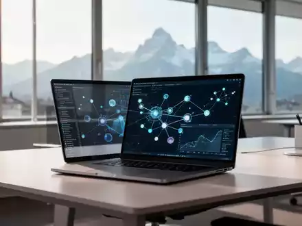 Moderner Arbeitsplatz mit Laptop und Datenvisualisierungen vor dem Hintergrund der Schweizer Alpen. - Foto: über boerse-global.de