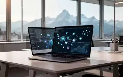 Moderner Arbeitsplatz mit Laptop und Datenvisualisierungen vor dem Hintergrund der Schweizer Alpen. - Foto: über boerse-global.de