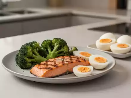 Gesunde Mahlzeit mit Proteinquellen wie Fisch und Eiern auf einem modernen Küchentresen. - Foto: über boerse-global.de