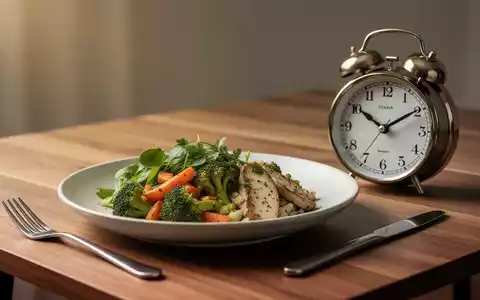 Eine Mahlzeit neben einer analogen Uhr auf einem Holztisch, als Symbol für den Zusammenhang zwischen Essenszeit und Stoffwechsel. - Foto: über boerse-global.de