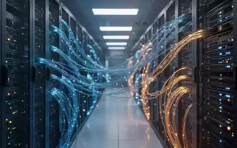 Abstraktes Bild eines modernen Serverraums mit leuchtenden Glasfaserkabeln als Symbol für KI-Sicherheit und Dateninfrastruktur. - Foto: über boerse-global.de