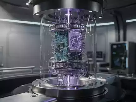 Futuristischer Quantencomputer in einem Labor mit leuchtendem Prozessor und blauer Beleuchtung. - Foto: über boerse-global.de