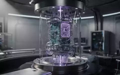 Futuristischer Quantencomputer in einem Labor mit leuchtendem Prozessor und blauer Beleuchtung. - Foto: über boerse-global.de