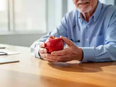 Eine ältere Person hält einen Apfel in der Hand, um die Verbindung zwischen Kauen und kognitiver Fitness zu verdeutlichen. - Foto: über boerse-global.de