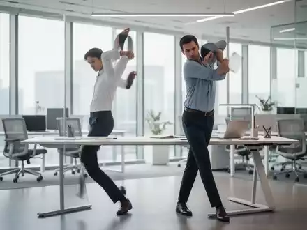 Eine Person im modernen Büroalltag, die während einer kurzen Bewegungspause neben ihrem ergonomischen Schreibtisch steht. - Foto: über boerse-global.de