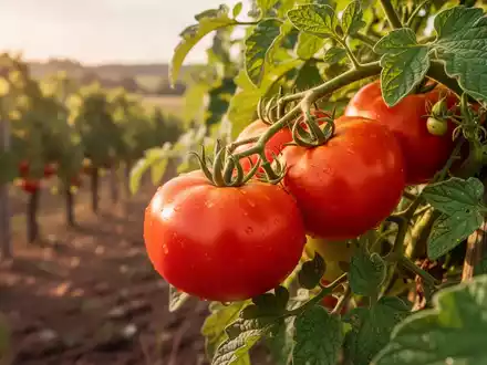 Frische Tomaten und Weinreben in einem sonnigen Weinberg während der Erntezeit im August. - Foto: über boerse-global.de