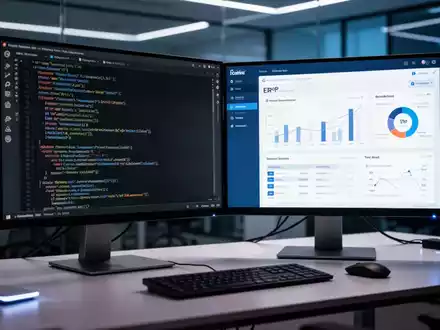 Moderner Büroarbeitsplatz mit zwei Monitoren, die komplexen Softwarecode und ein ERP-Dashboard anzeigen. - Foto: über boerse-global.de