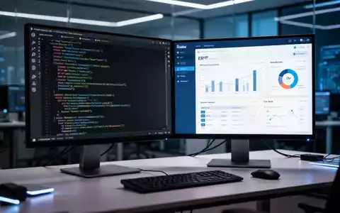 Moderner Büroarbeitsplatz mit zwei Monitoren, die komplexen Softwarecode und ein ERP-Dashboard anzeigen. - Foto: über boerse-global.de