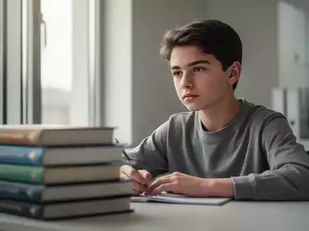 Ein nachdenkliches Kind an einem Schreibtisch mit Schulbüchern, das die psychische Belastung durch Leistungsdruck symbolisiert. - Foto: über boerse-global.de