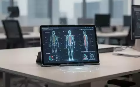 Digitales Tablet mit Haltungsanalyse-Daten und KI-Kennzeichnung in einem modernen Büroarbeitsplatz. - Foto: über boerse-global.de