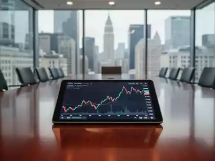 Ein verschwommenes Finanzdiagramm mit fallenden Aktienkursen auf einem Tablet in einem modernen Konferenzraum. - Foto: über boerse-global.de