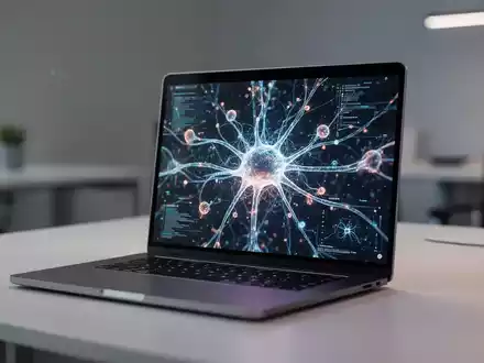 Ein moderner Laptop mit abstrakten Datenvisualisierungen in einem professionellen Büro-Setting. - Foto: über boerse-global.de