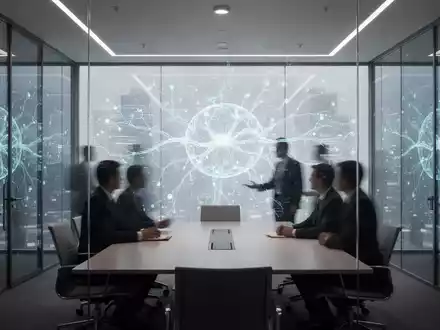 Modernes Büroinnenraum mit abstrakten Visualisierungen neuronaler Netze im Hintergrund. - Foto: über boerse-global.de
