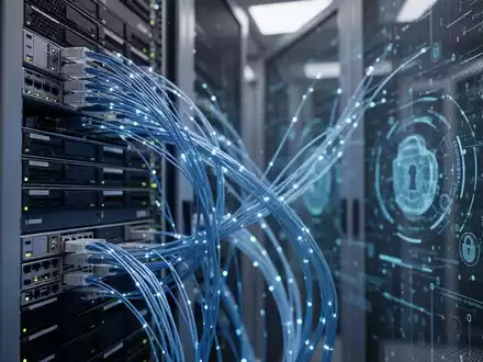 Abstrakte Darstellung von Serverinfrastruktur und digitalen Datenströmen als Symbol für Cybersicherheit. - Foto: über boerse-global.de