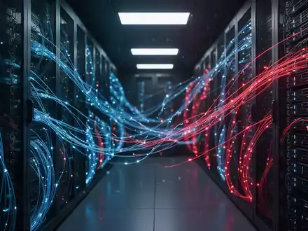 Ein schwach beleuchteter Serverraum mit leuchtenden Kabeln, der eine Cybersicherheitsbedrohung und Datenpanne darstellt. - Foto: über boerse-global.de