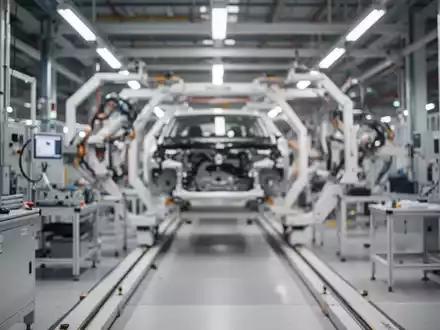 Moderne Fertigungshalle eines Automobilwerks mit unscharfen Produktionslinien im Hintergrund. - Foto: über boerse-global.de