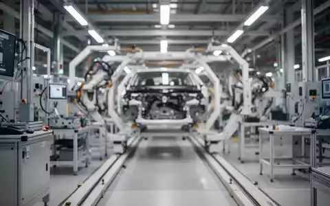 Moderne Fertigungshalle eines Automobilwerks mit unscharfen Produktionslinien im Hintergrund. - Foto: über boerse-global.de