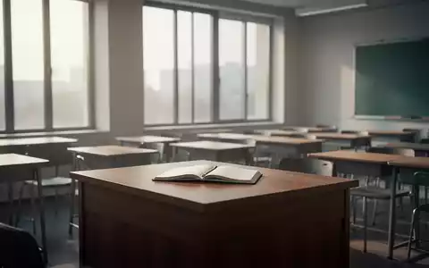 Ein leerer Schreibtisch in einem modernen, sonnendurchfluteten Klassenzimmer als Symbol für den Lehrermangel. - Foto: über boerse-global.de