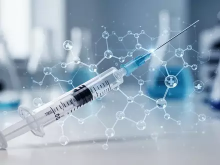 Medizinische Laborumgebung mit einer Spritze und einer molekularen Grafik zur Darstellung der Wirkungsweise von Medikamenten. - Foto: über boerse-global.de