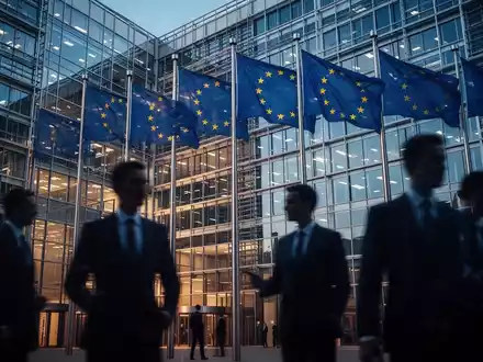 EU-Flaggen vor einem modernen Bürogebäude als Symbol für Beitrittsverhandlungen und regulatorische Compliance. - Foto: über boerse-global.de
