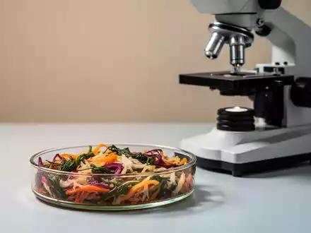 Laboraufnahme einer Petrischale mit fermentiertem Gemüse neben einem Mikroskop als Symbol für Mikrobiomforschung. - Foto: über boerse-global.de