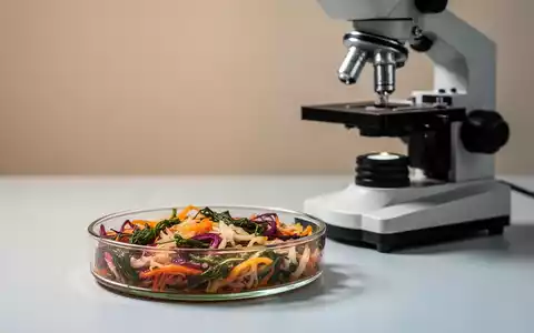 Laboraufnahme einer Petrischale mit fermentiertem Gemüse neben einem Mikroskop als Symbol für Mikrobiomforschung. - Foto: über boerse-global.de