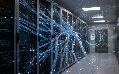 Moderner Serverraum mit leuchtend blauen Lichtern, die digitale Infrastruktur und Cybersicherheit im Bankwesen darstellen. - Foto: über boerse-global.de