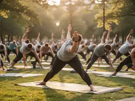 Eine Gruppe von Menschen praktiziert Yoga auf Matten in einem sonnigen Karlsruher Stadtpark. - Foto: über boerse-global.de